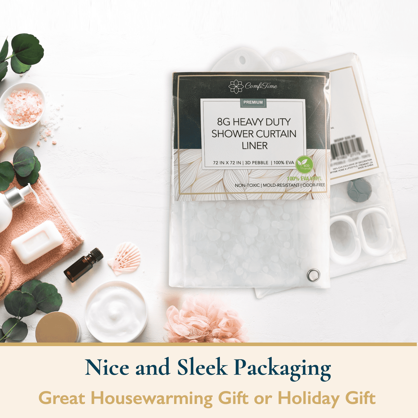 8-Gauge Waterproof Shower Curtain Liner With Bonus Hooks, Sizing Options