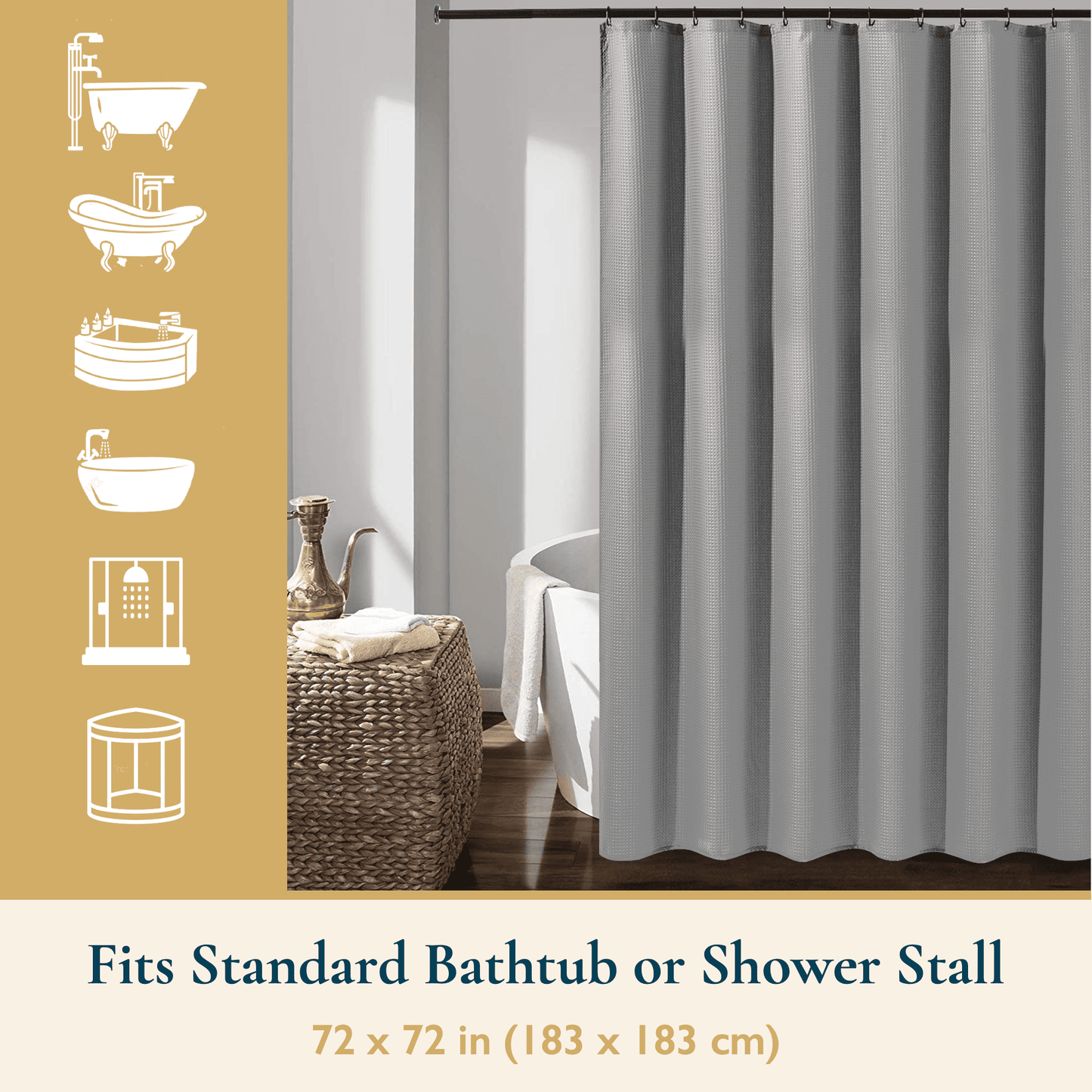 Shower Curtain With Hooks, 230 GSM, 72 x 72 in