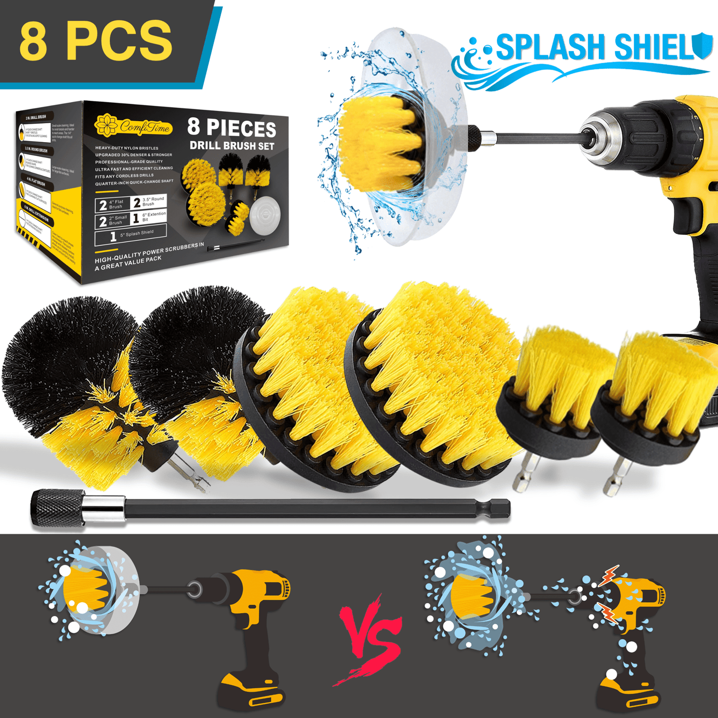 8-Piece Drill Brush Set With Splash Shield