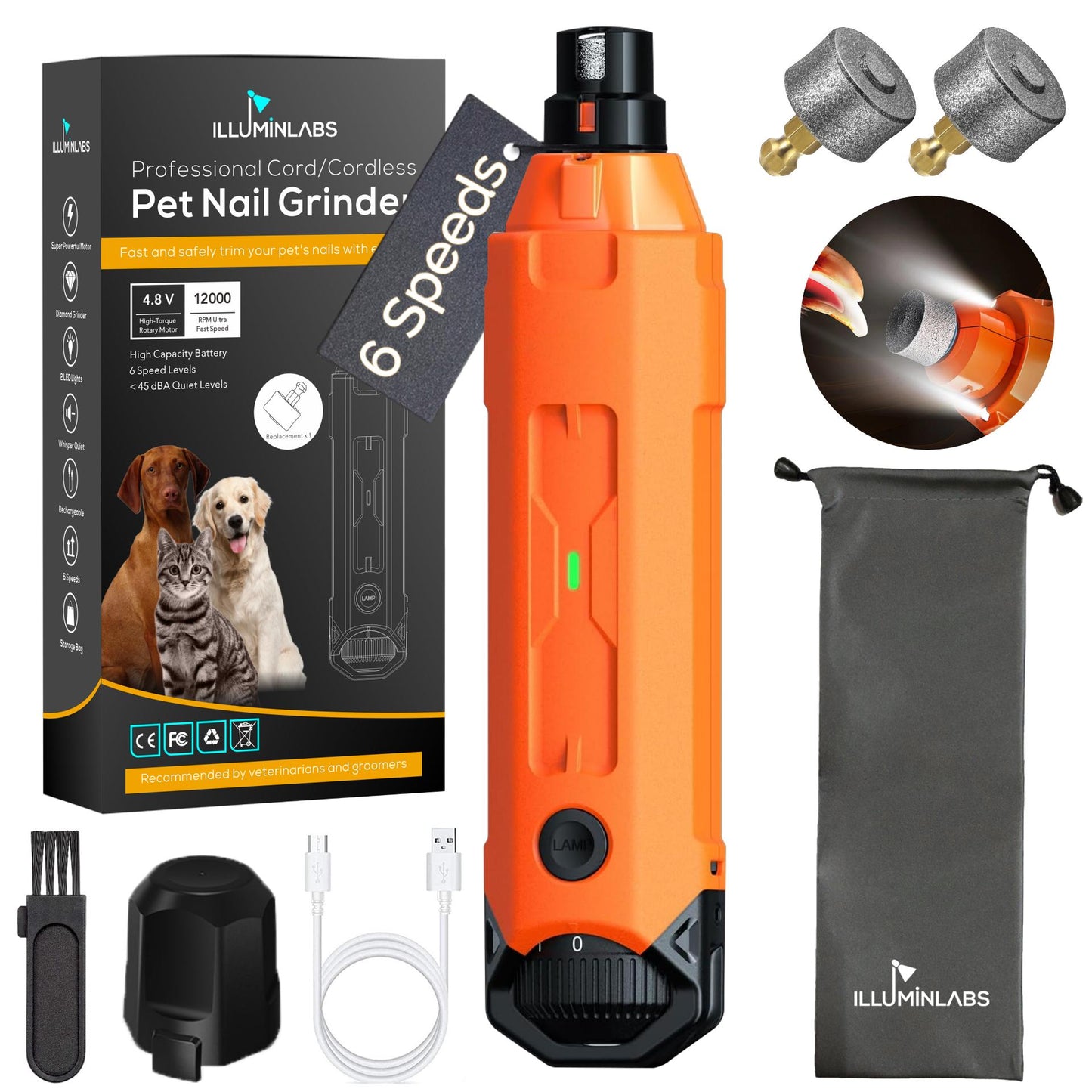 Dog Nail Grinder with LED Lights and Replacement Diamond Bit