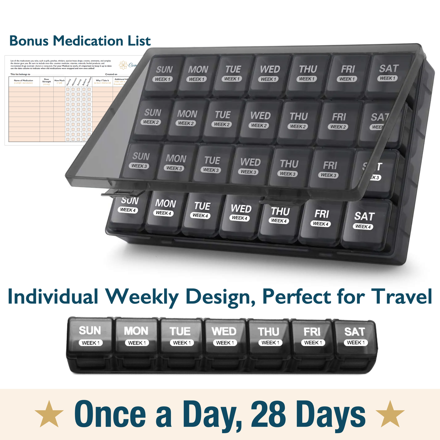ComfiTime Pill Organizer – 28-Day Large Monthly Pill Case, Once-a-Day (Daily)