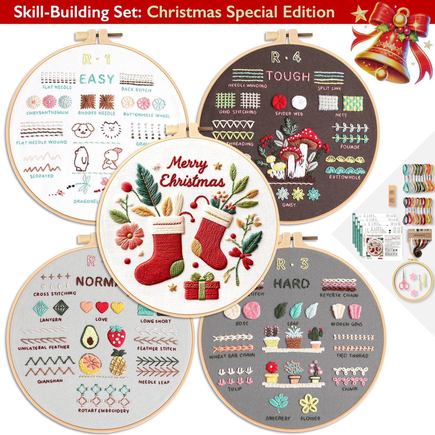 ComfiTime Christmas Embroidery Kit for Beginners – 5 Skill-Building Levels