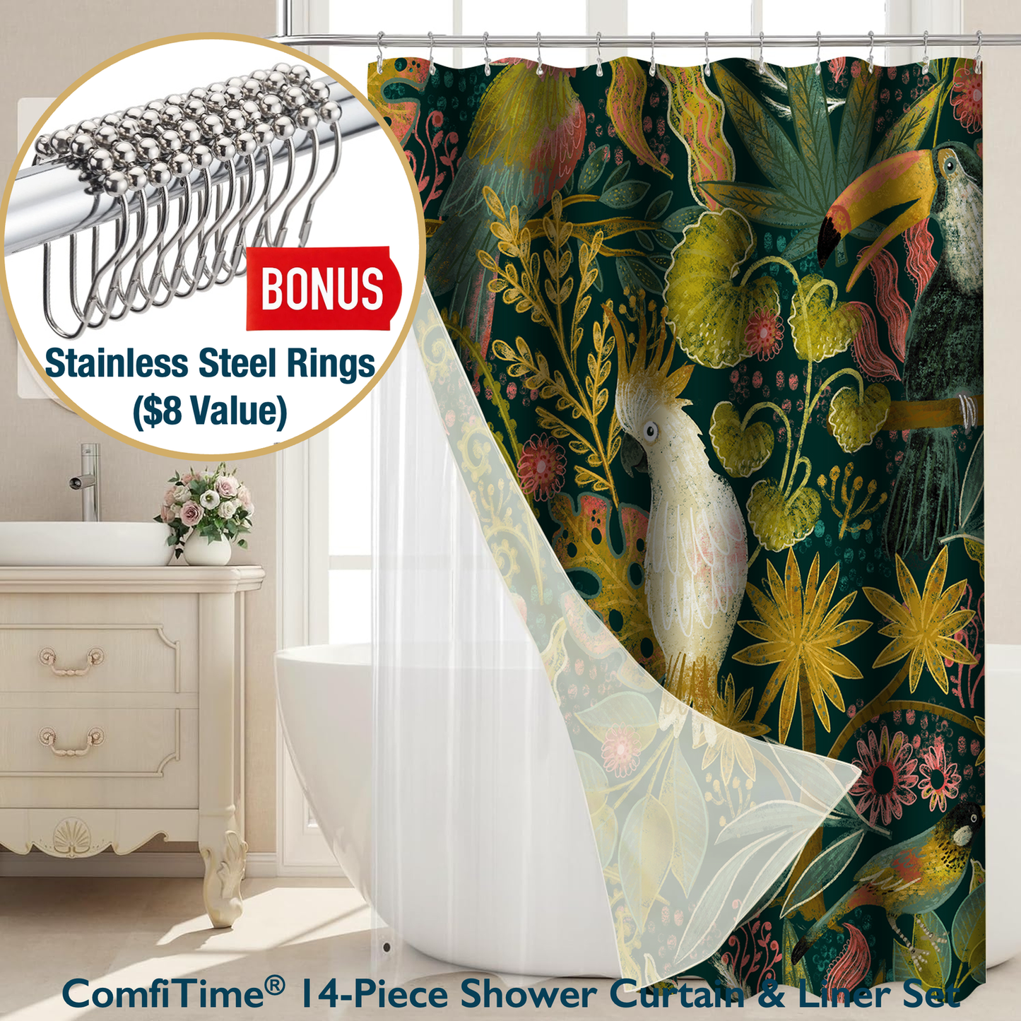 Shower Curtain & Liner Set-14 PCS