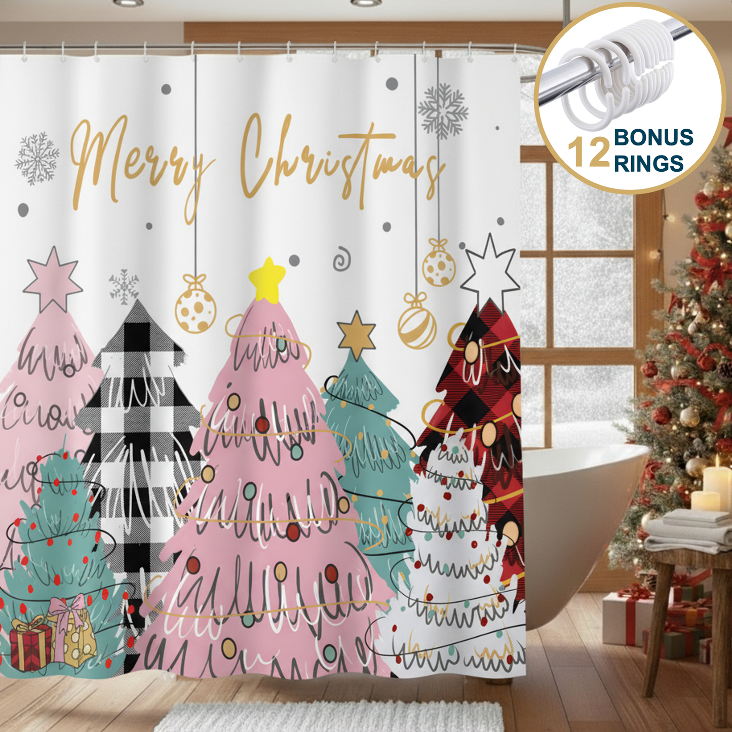 Shower Curtain With Weighted Hem and Bonus Hooks, 120 GSM, 72 x 72 in