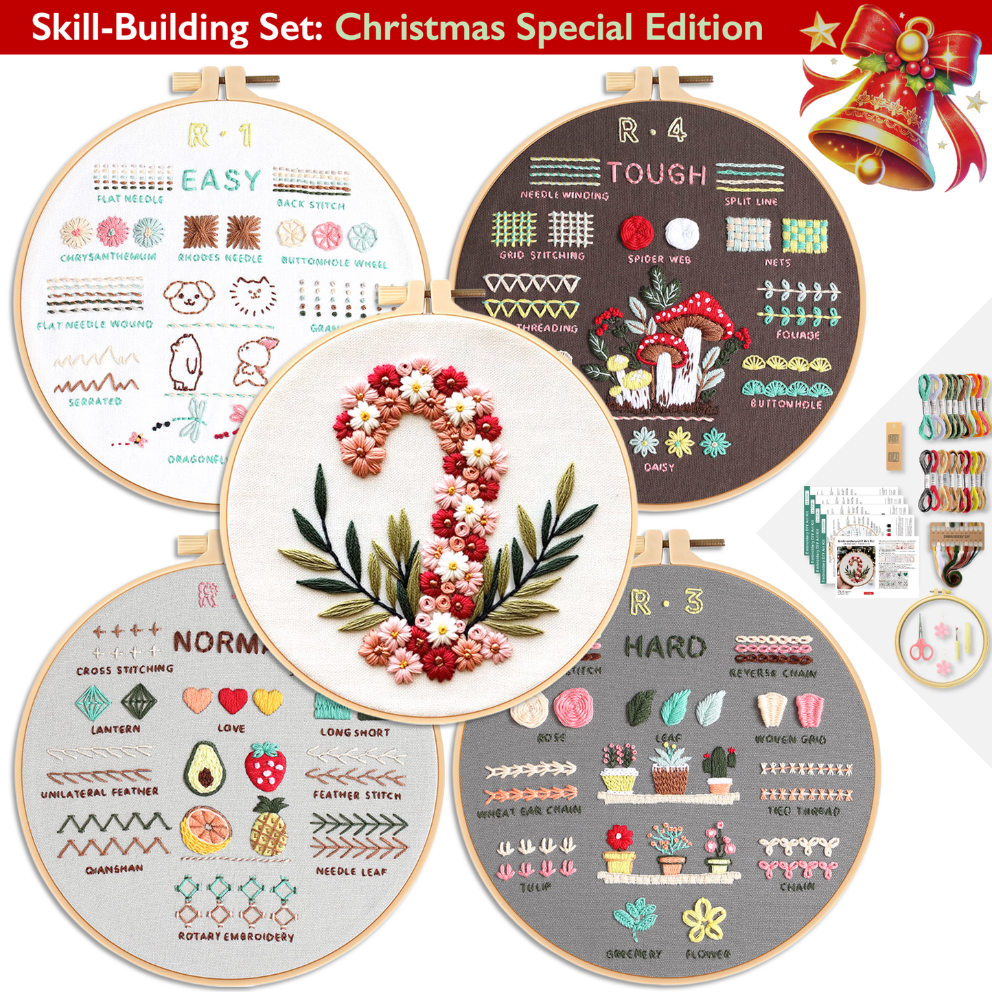 ComfiTime Christmas Embroidery Kit for Beginners – 5 Skill-Building Levels