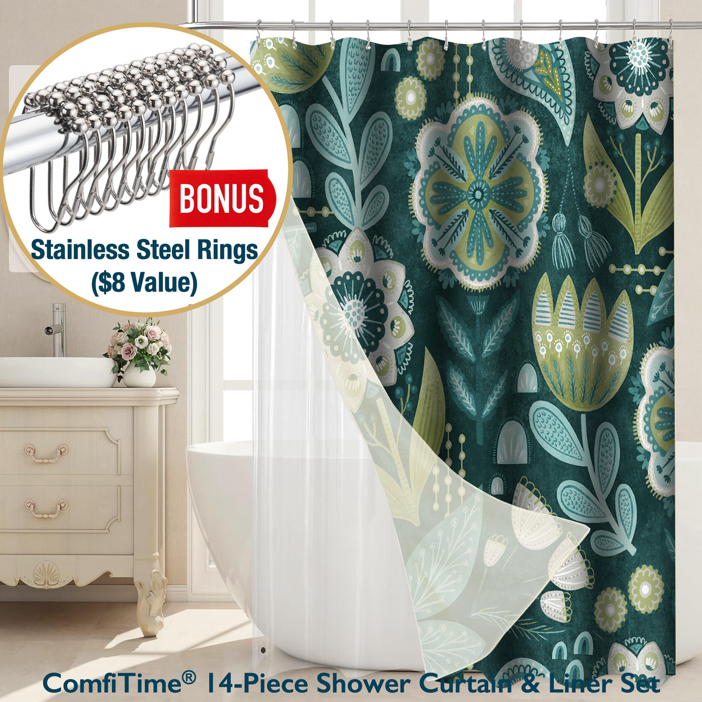 Shower Curtain & Liner Set-14 PCS