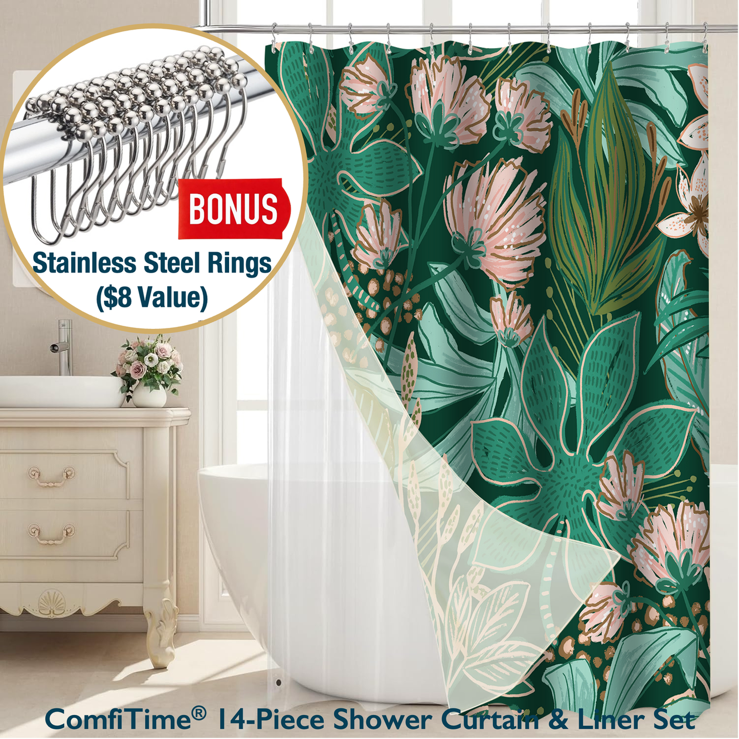 Shower Curtain & Liner Set-14 PCS