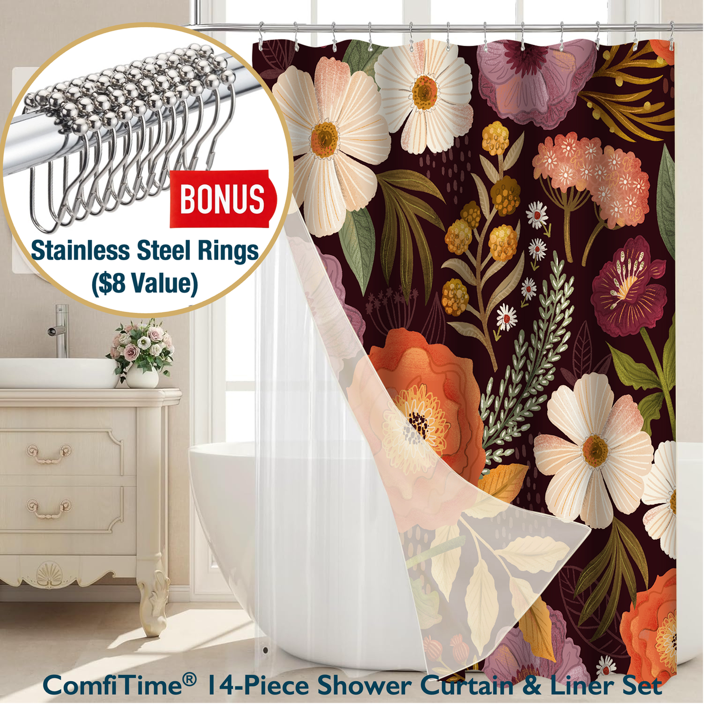 Shower Curtain & Liner Set-14 PCS