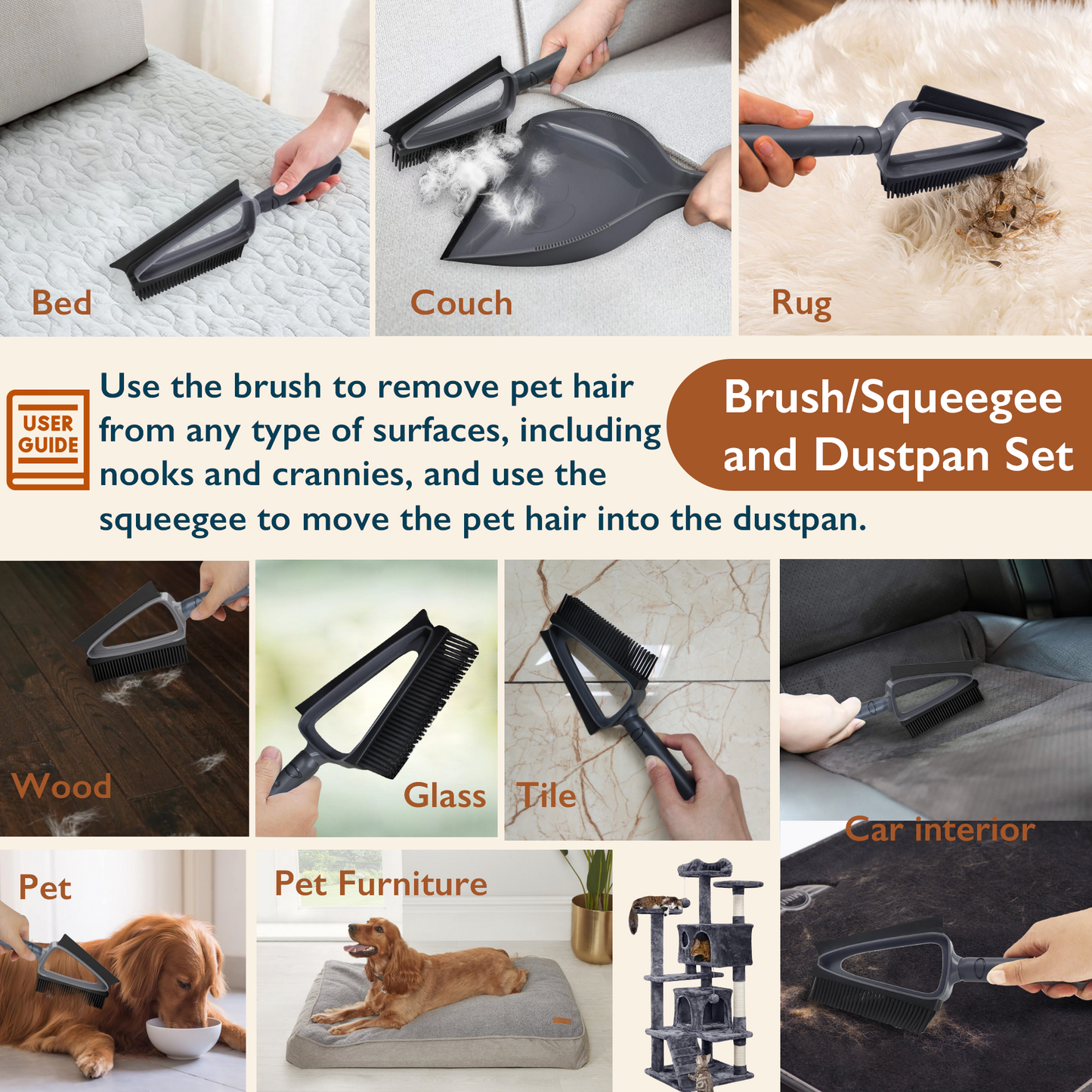 Pet Hair Removal Tool Set - Brush and Dustpan Combo, Metal Scraper