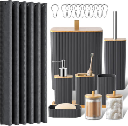 22-Piece Bathroom Set with Shower Curtain and Square Striped Trash Can
