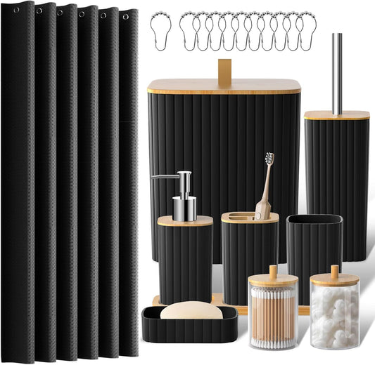 22-Piece Bathroom Set with Shower Curtain and Square Striped Trash Can