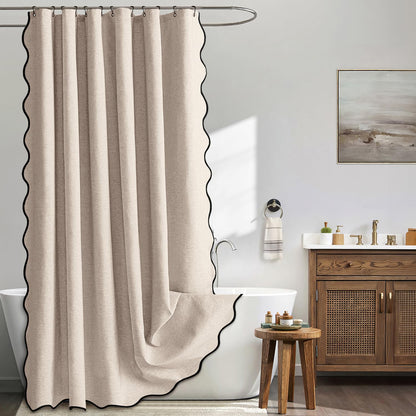 ComfiTime Faux Linen Scalloped Shower Curtain with Contrast Border