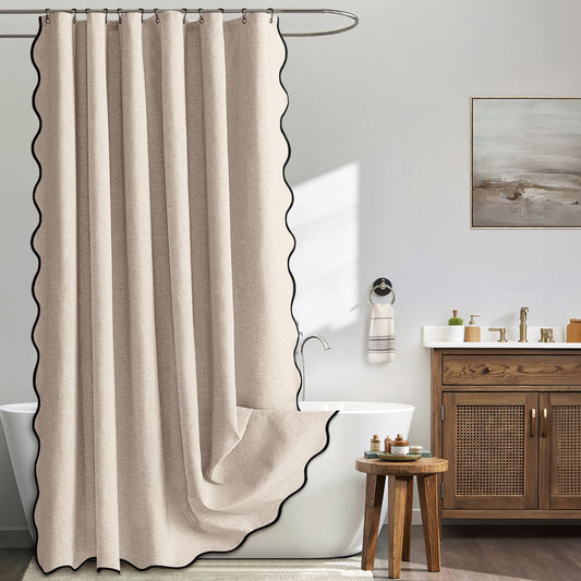 ComfiTime Faux Linen Scalloped Shower Curtain with Contrast Border
