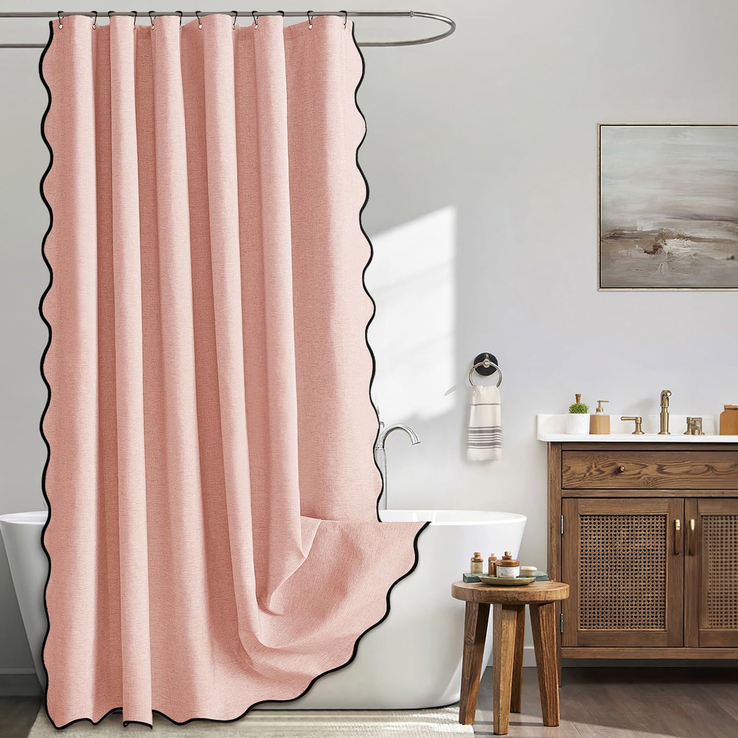 ComfiTime Faux Linen Scalloped Shower Curtain with Contrast Border