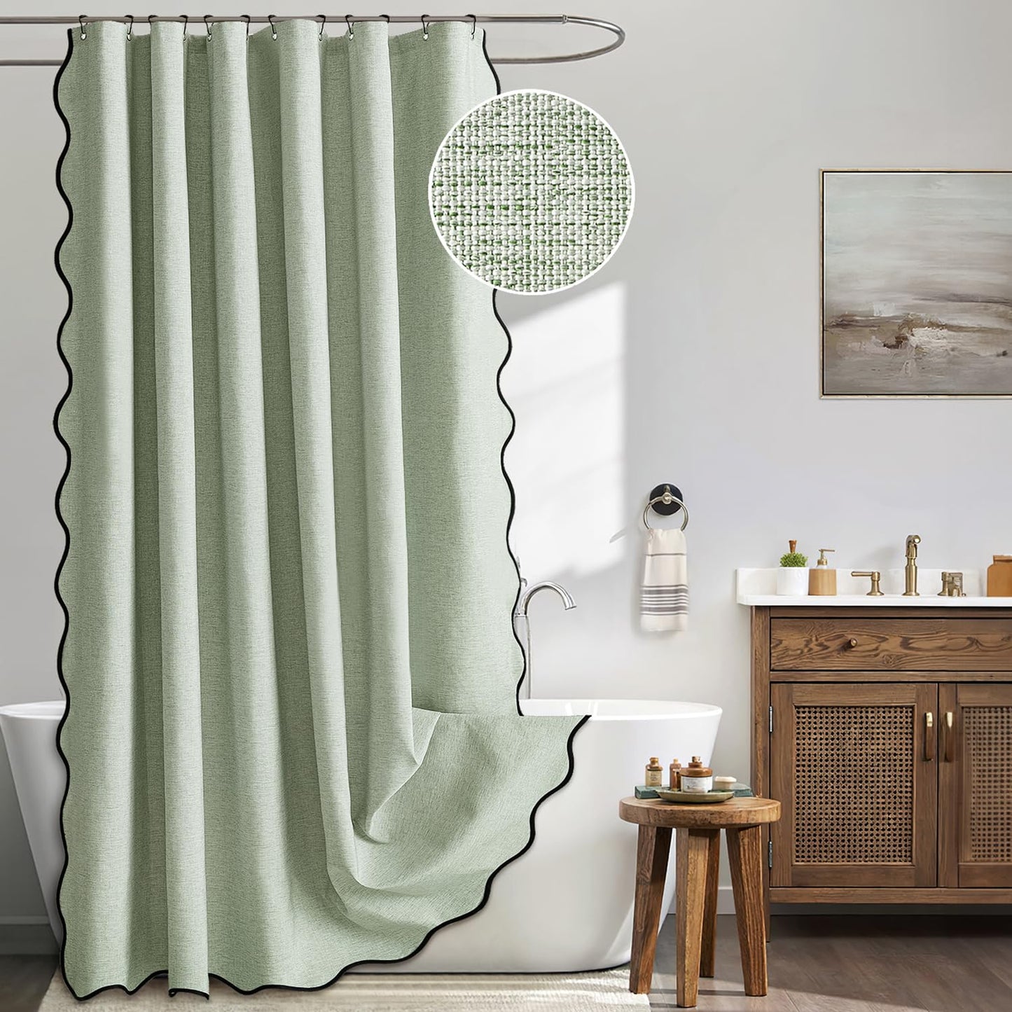 ComfiTime Faux Linen Scalloped Shower Curtain with Contrast Border