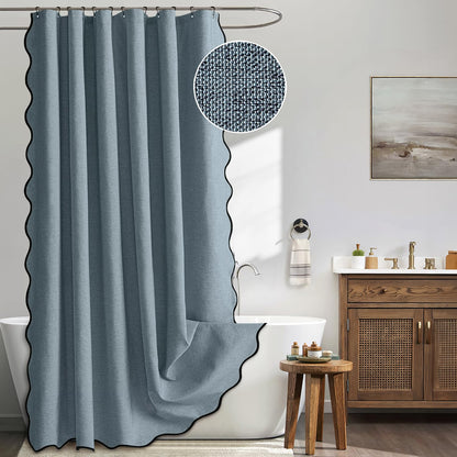 ComfiTime Faux Linen Scalloped Shower Curtain with Contrast Border