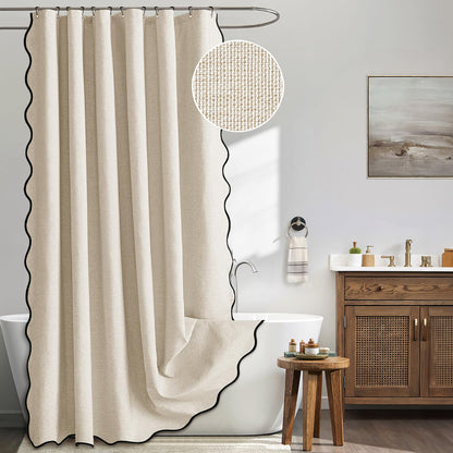 ComfiTime Faux Linen Scalloped Shower Curtain with Contrast Border