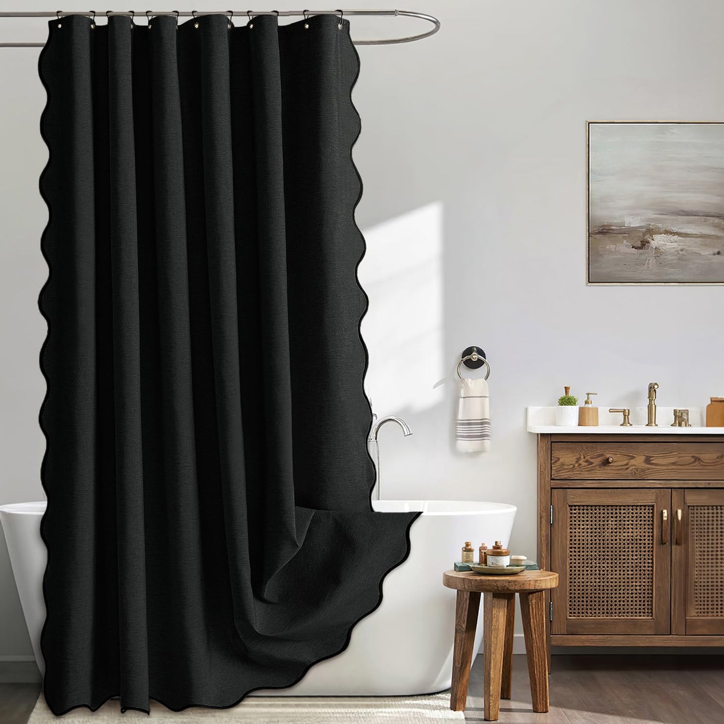 ComfiTime Faux Linen Scalloped Shower Curtain with Contrast Border