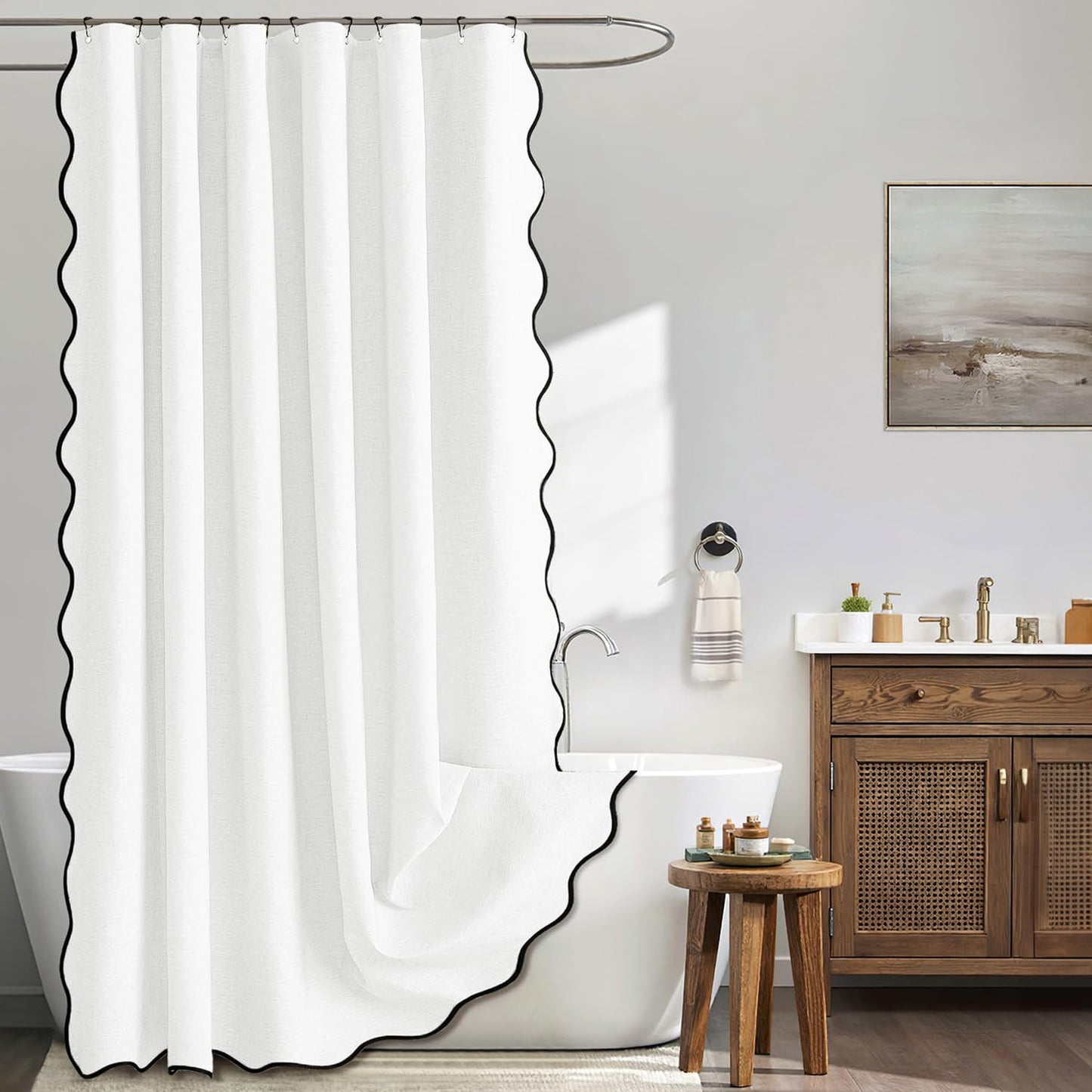 ComfiTime Faux Linen Scalloped Shower Curtain with Contrast Border