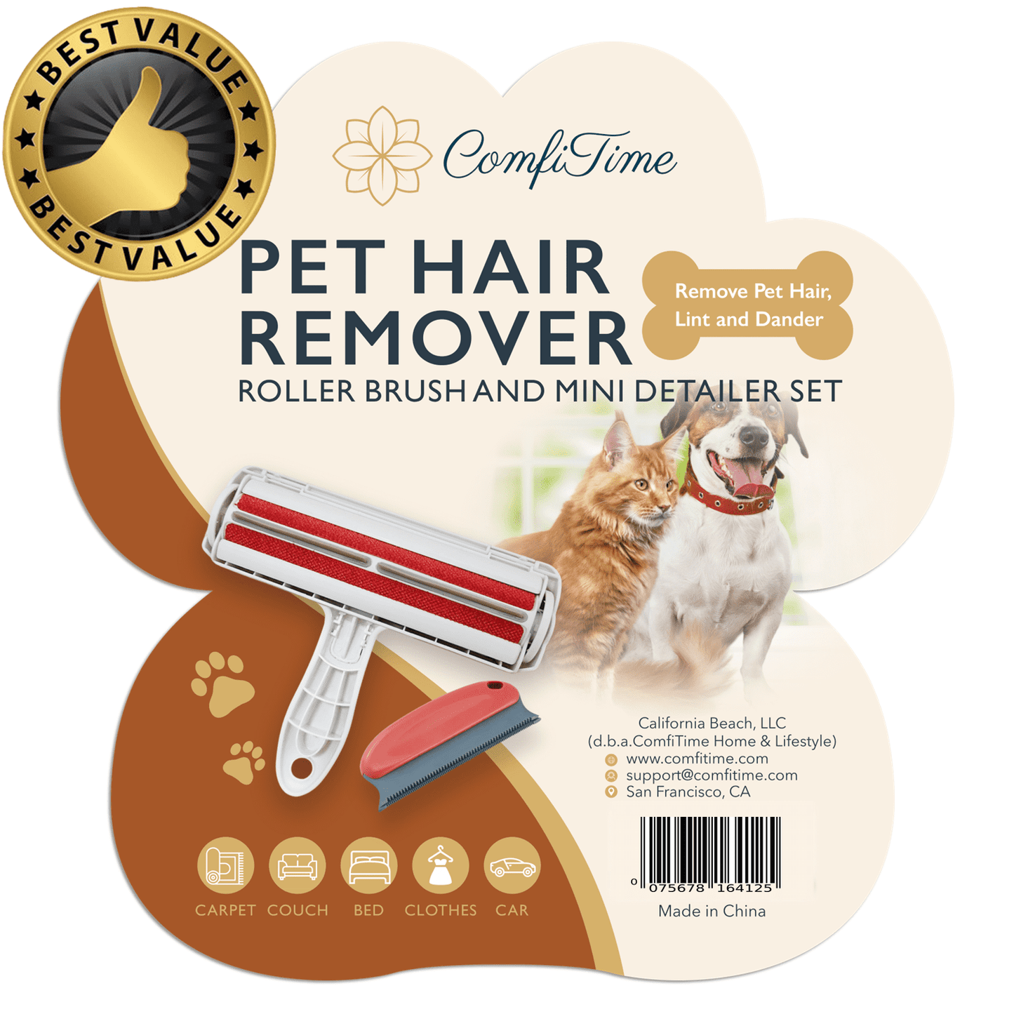 Pet Hair Remover Tool Set - Roller Brush, Mini Detailer