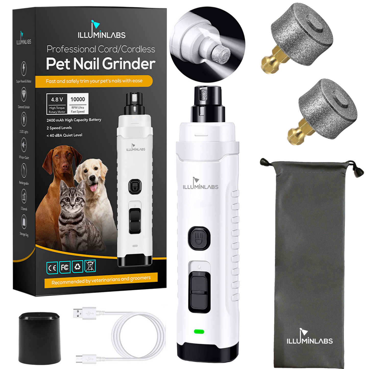 Dog Nail Grinder with LED Lights and Replacement Diamond Bit IlluminLabs Store