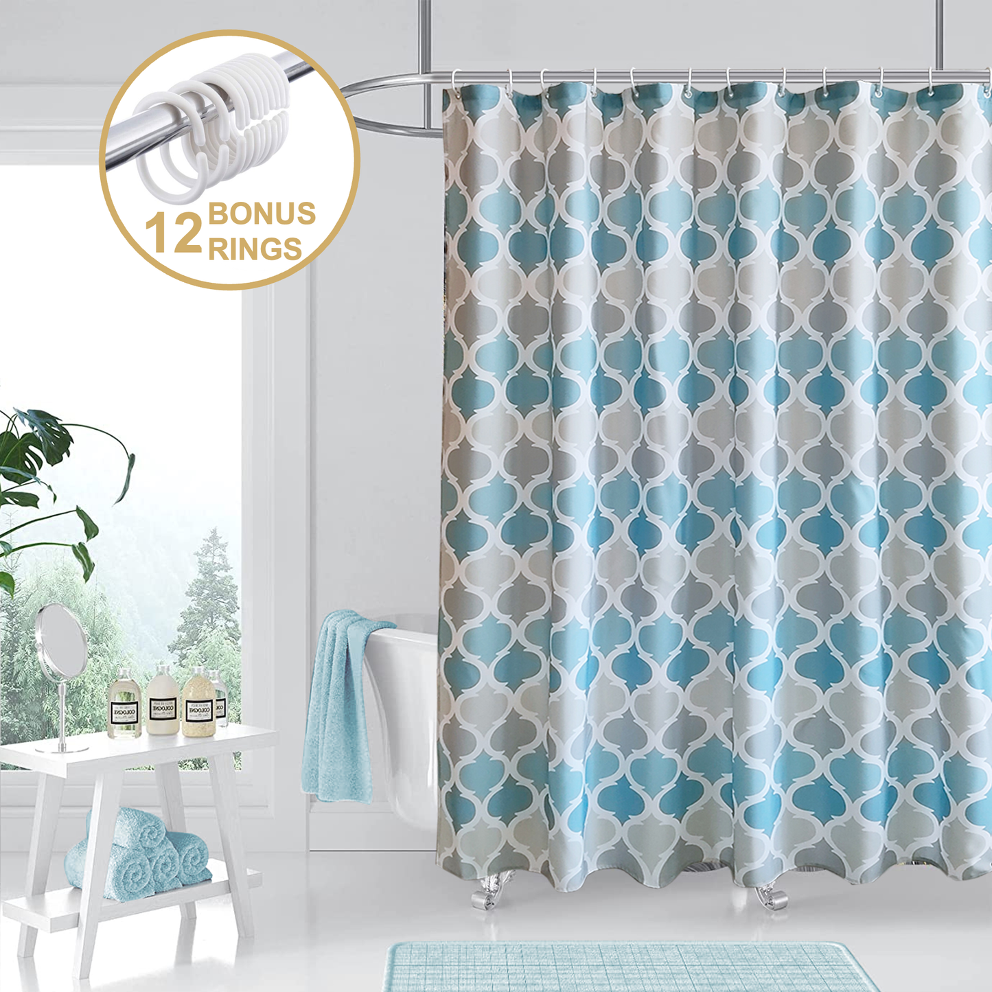 Shower Curtain With Weighted Hem and Bonus Hooks, 120 GSM, 72 x 72 in