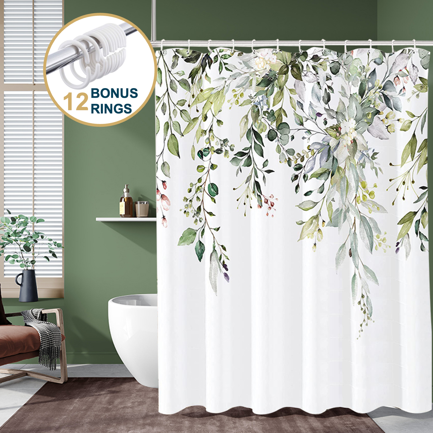Shower Curtain With Weighted Hem and Bonus Hooks, 120 GSM, 72 x 72 in