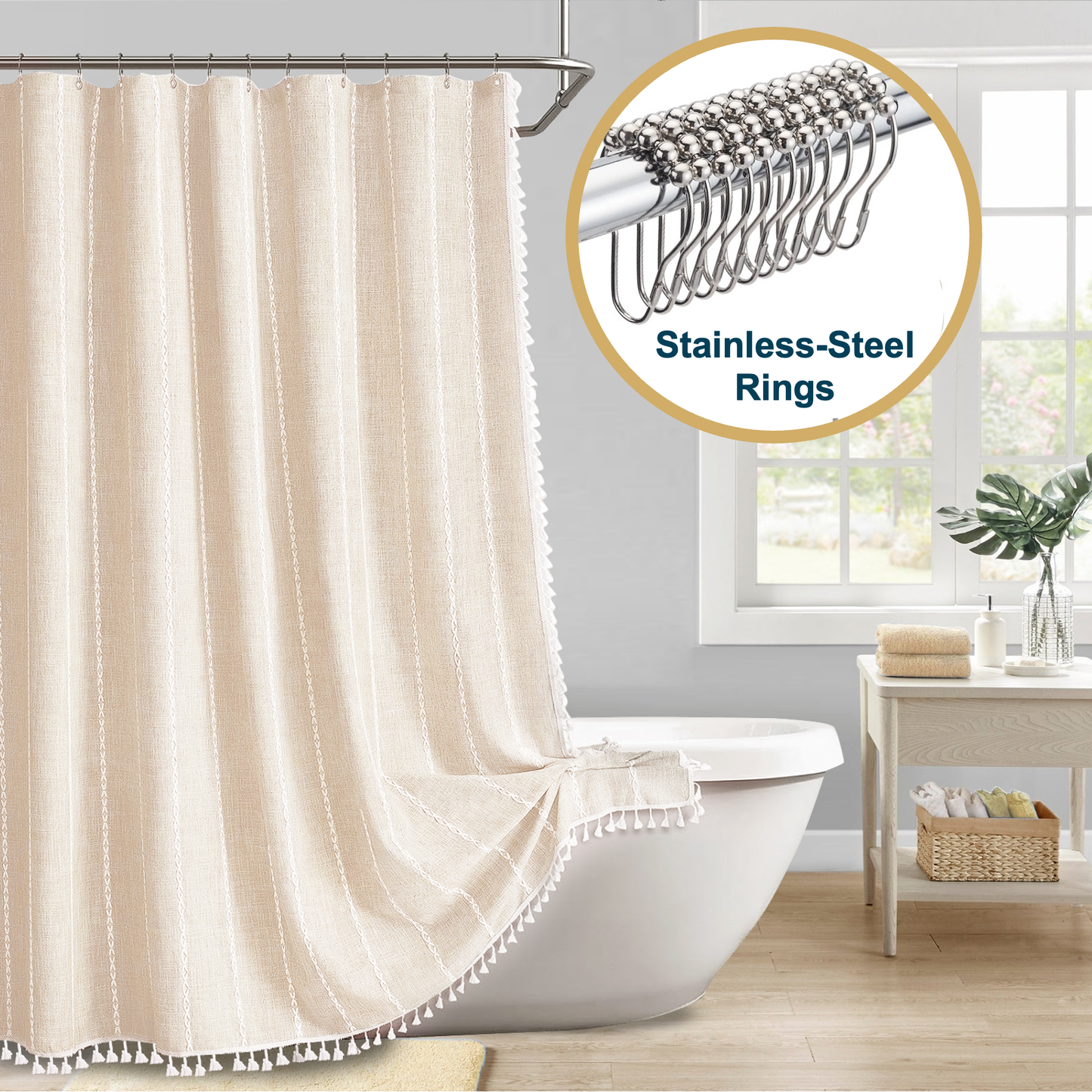 Tassel Shower Curtain and Stainless-Steel Hooks Set, 330 GSM, 72 x 72 in