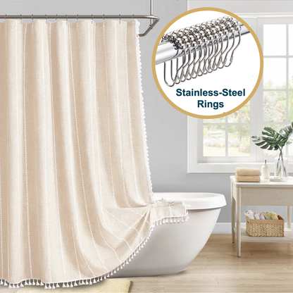 Tassel Shower Curtain and Stainless-Steel Hooks Set, 330 GSM, 72 x 72 in
