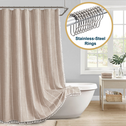 Tassel Shower Curtain and Stainless-Steel Hooks Set, 330 GSM, 72 x 72 in
