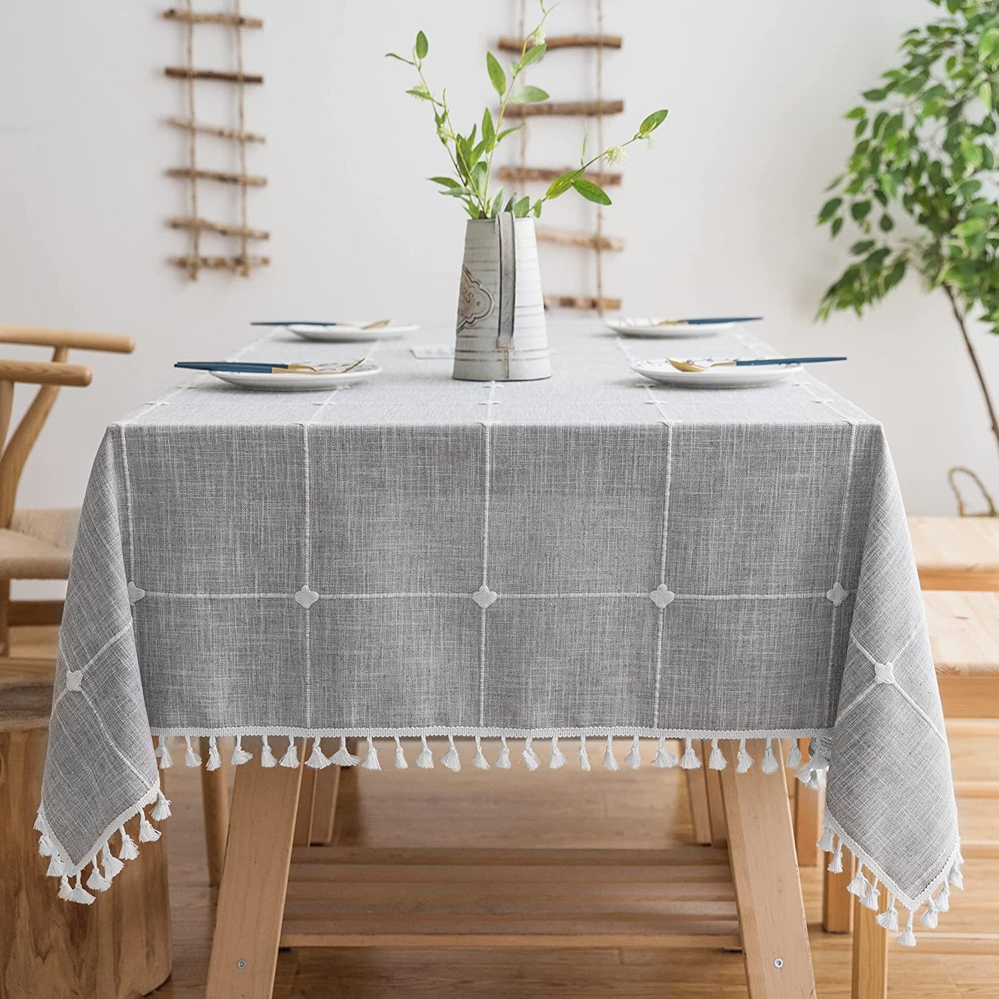 Faux Linen Table Cloth with Tassels and Embroidery