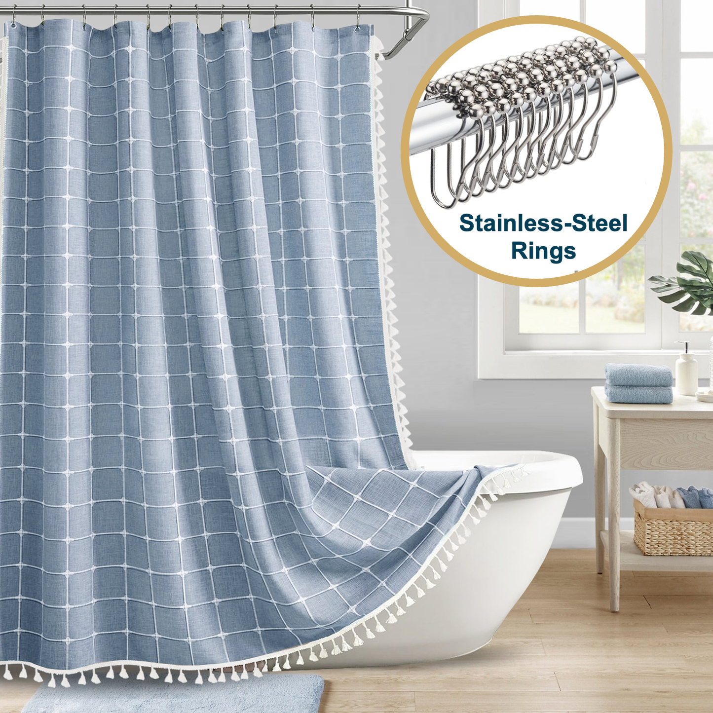 Tassel Shower Curtain and Stainless-Steel Hooks Set, 330 GSM, 72 x 72 in