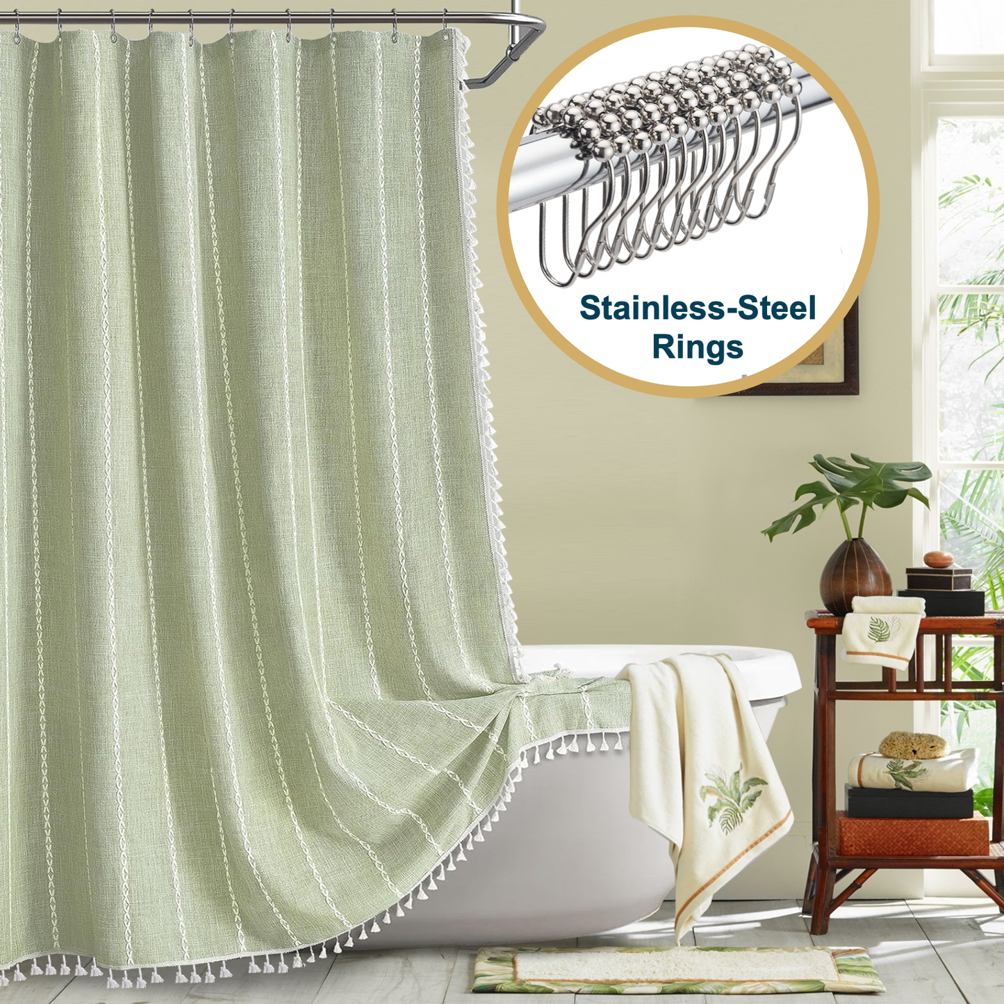 Tassel Shower Curtain and Stainless-Steel Hooks Set, 330 GSM, 72 x 72 in