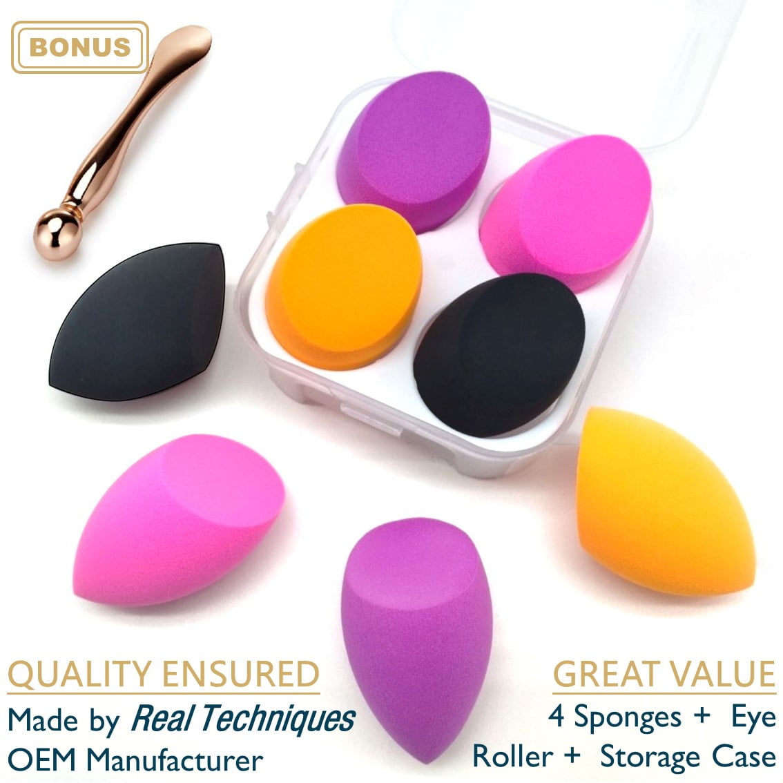 Beauty Blender Makeup Sponge Set With Bonus Metal Face Roller, 4 Pieces