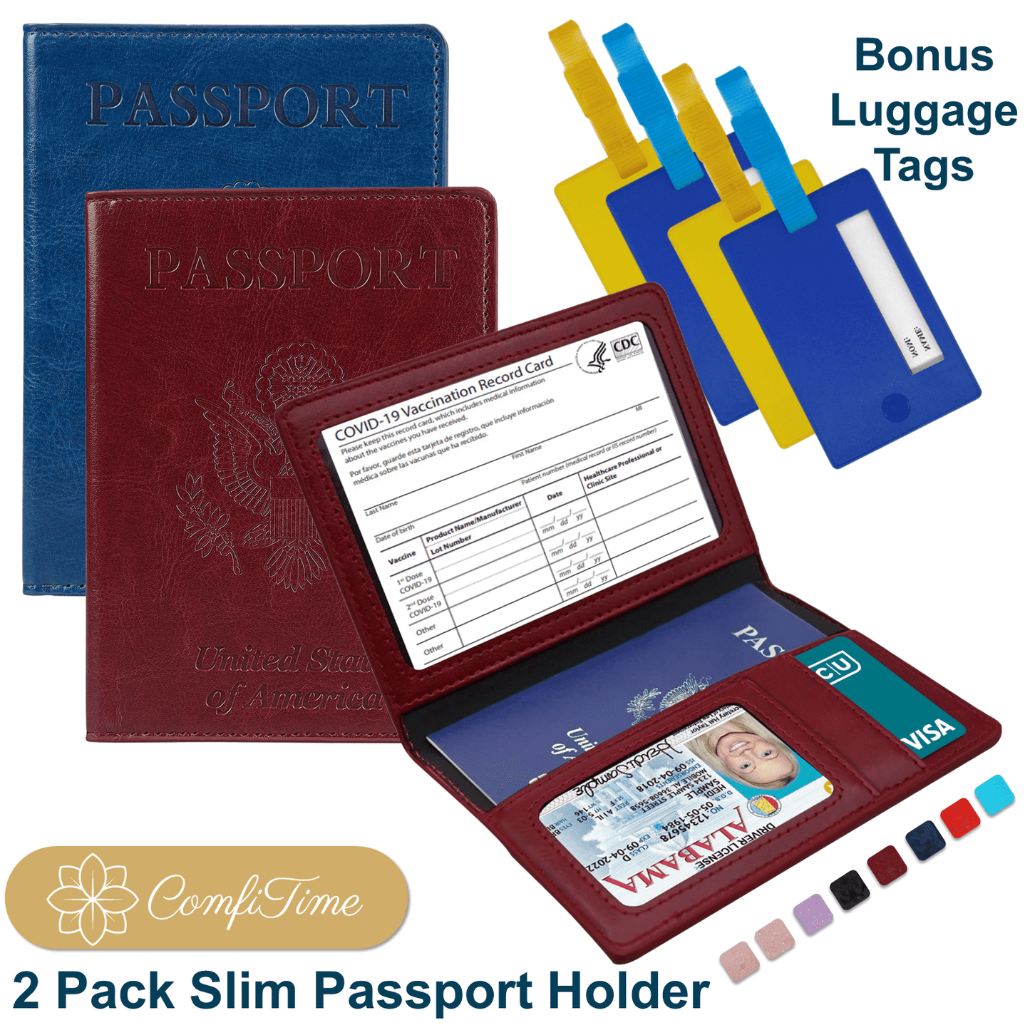 Slim Passport Holder With Bonus Luggage Tags, 2 Pack