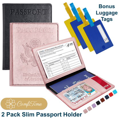 Slim Passport Holder With Bonus Luggage Tags, 2 Pack