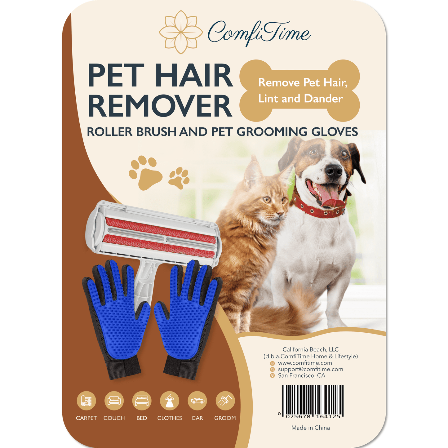 Pet Hair Remover Set - Roller Brush and Pet Grooming Gloves